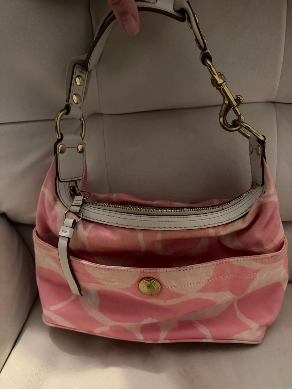 Coach Pink and White Signature Shoulder Bag with Gold Hardware